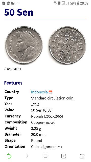KOIN KUNO 50 SEN DIPANEGARA TH 1955/1957/1952/UANGKUNO/UANGKOLEKSI/MAHARNIKAH