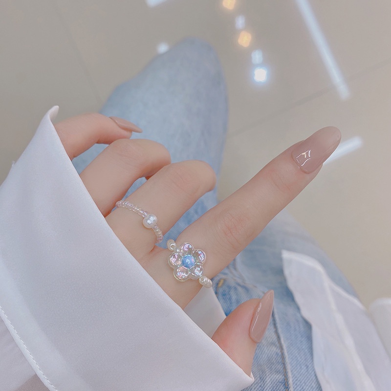 1pc Cincin Manik-Manik Mutiara Bentuk Bunga Bahan Akrilik Warna Putih Gaya Korea Untuk Wanita