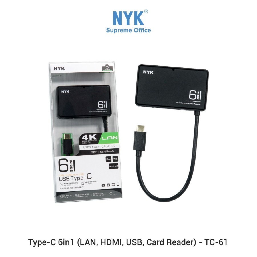 NYK TC-61 Type C To 6 in 1 LAN + HDTV + USB 3.0 2 Port + Card Reader