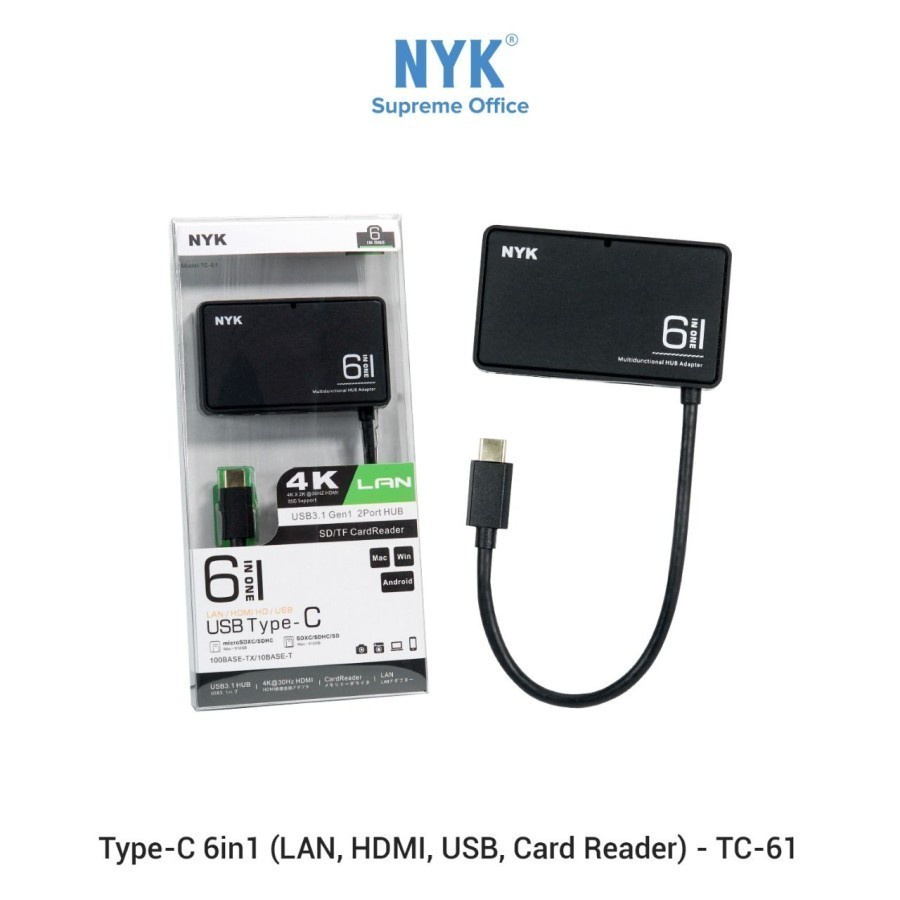 NYK TC-61 Type C To 6 in 1 LAN + HDTV + USB 3.0 2 Port + Card Reader / Converter TYPE C To HDTV LAN USB 3.0