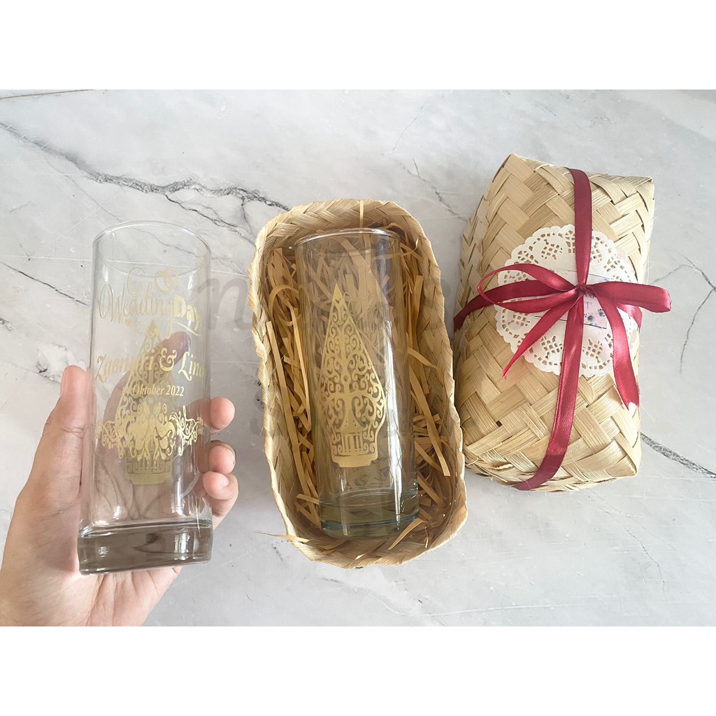 Souvenir Pernikahan Gelas Minum Kaca Tinggi Gelas Jus Porto Tumbler Mug Bamboo Sablon Kemas Besek