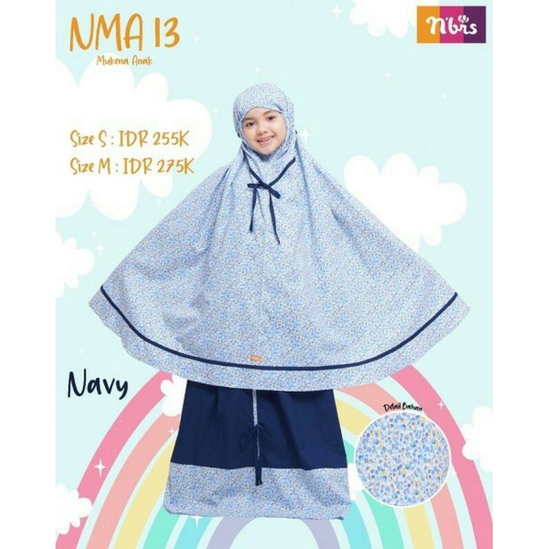 Nibras Mukena Anak NMA 13 Warna Biru Navy Dongker Bahan Katun Jepang Adem Imut Ori Cantik Branded