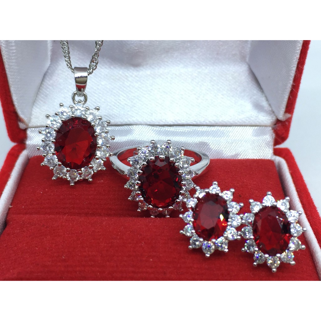 Set Perhiasan Pesta Kalung Anting Batu Merah Oval Elegan BR030A