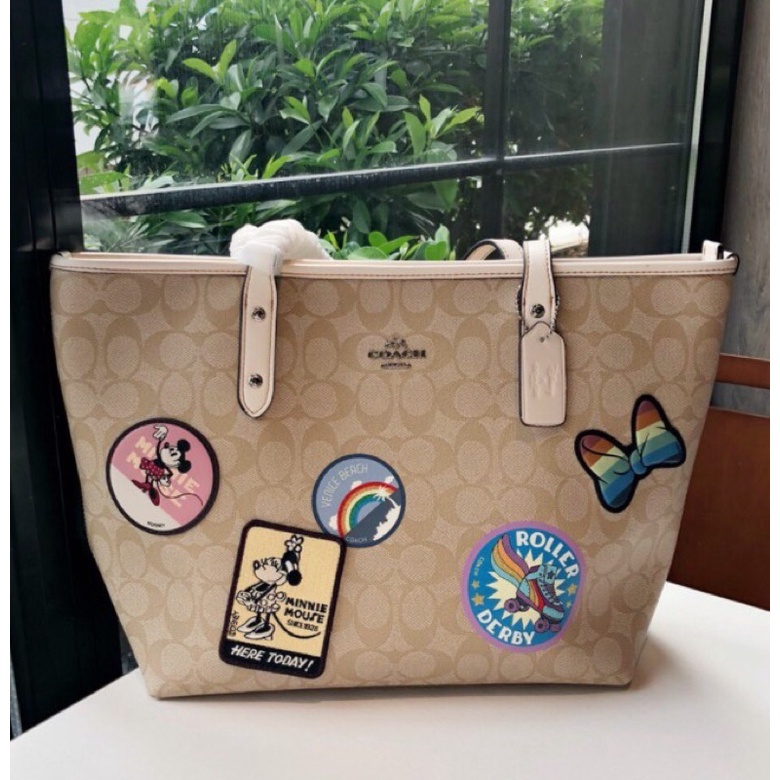 Coach City Zip Tote In Signature Canvas With Minnie Mouse Patches (F29358) - Light Khaki