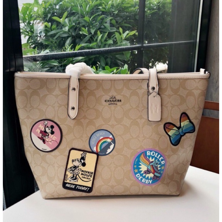 Coach City Zip Tote In Signature Canvas With Minnie Mouse Patches (F29358) - Light Khaki