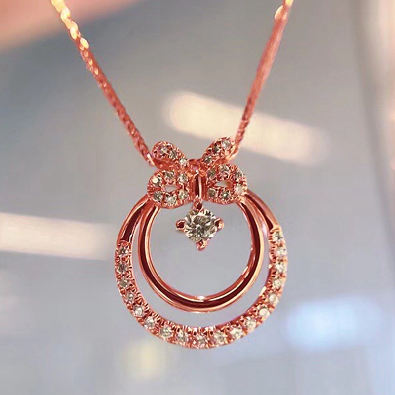 Kalung Rantai Liontin Lingkaran Ganda Hias Cubic Zirconia Bling Untuk Wanita