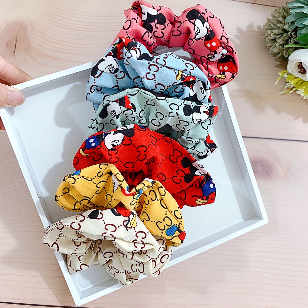 Scrunchie Import Ikat Rambut Kerut Motif Karakter Karet Rambut Bahan Satin Perancis Korea Scrunchies