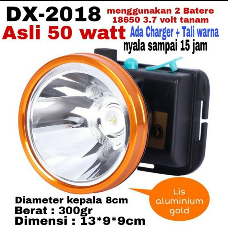 Senter kepala Led 50Watt Charger DX2018 Gold/ Senter Kepala Headlamp 50Watt Super Terang