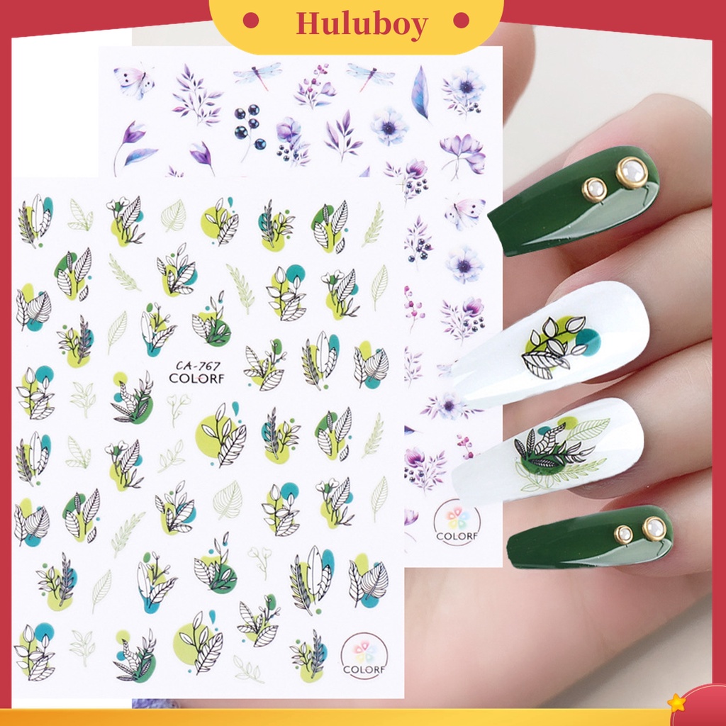 Huluboy Huluboy♡ Stiker Kuku Motif Bunga Daun Burung Butterfly Warna-Warni Untuk Dekorasi Manicure