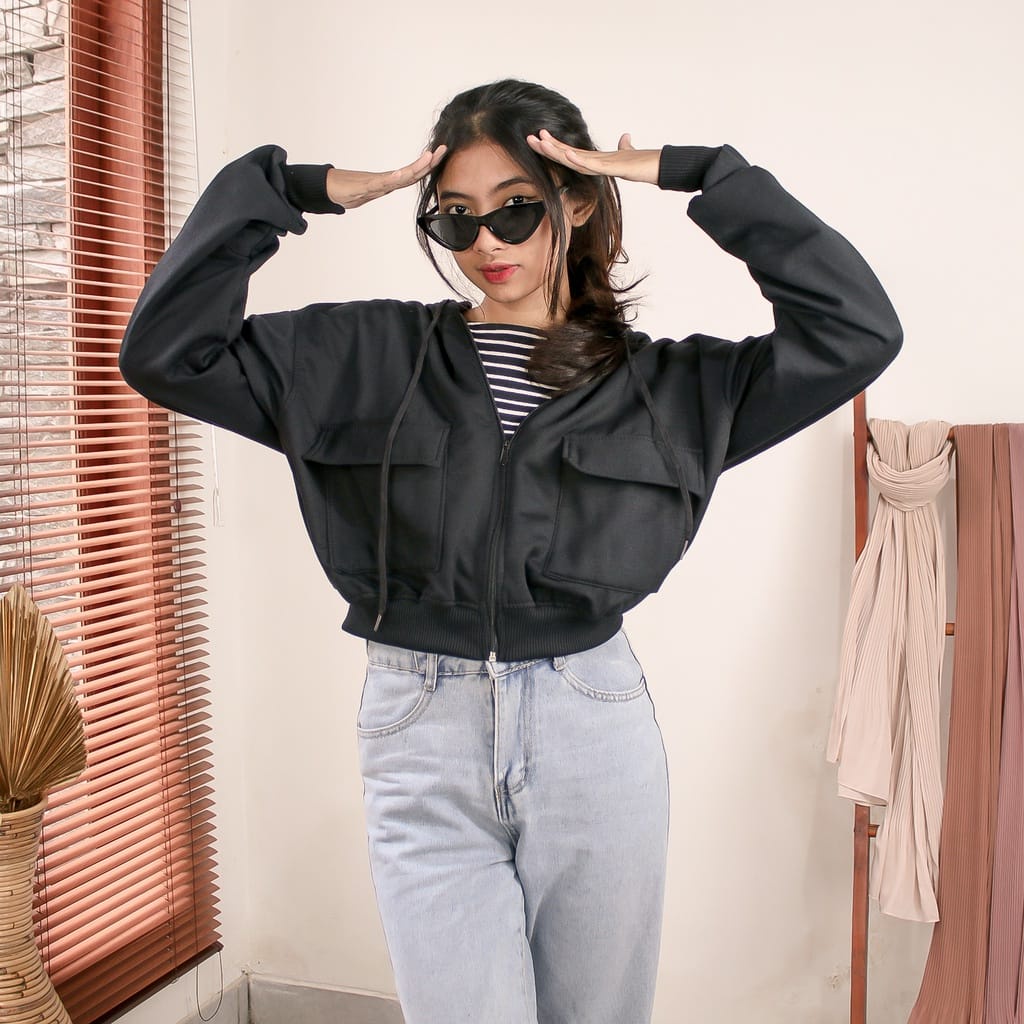 Sweater Jaket Wanita Crop | Amalia Jaket Pocket Wanita Oversize | Sweater Oversize Korean style