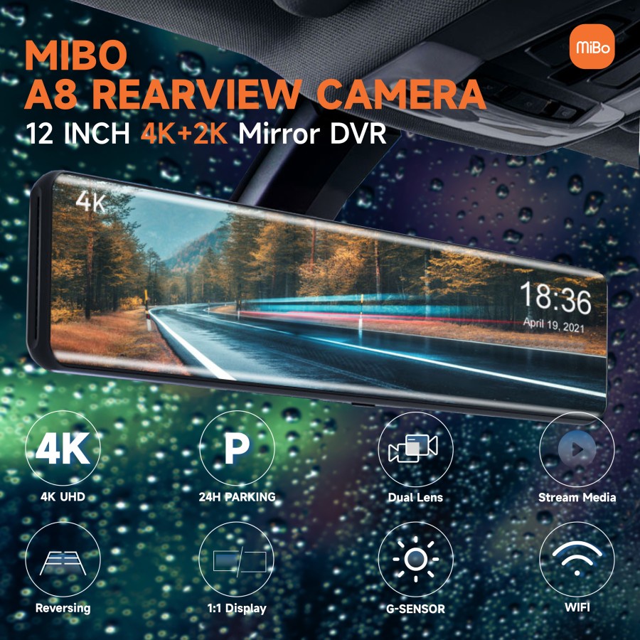 Mibo A8 Dashcam Rearview 12inch Camera DVR 4K+2K HDR