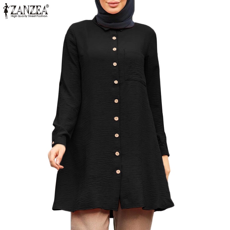 ZANZEA Women Muslim Dubai Tunic Shirt Solid Full Sleeve Casual Loose Holiday Retro Blouse