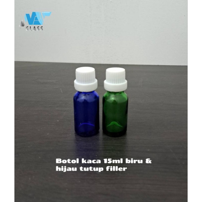 botol kaca 15ml hijau biru tutup filler putih / botol essential oil 15ml