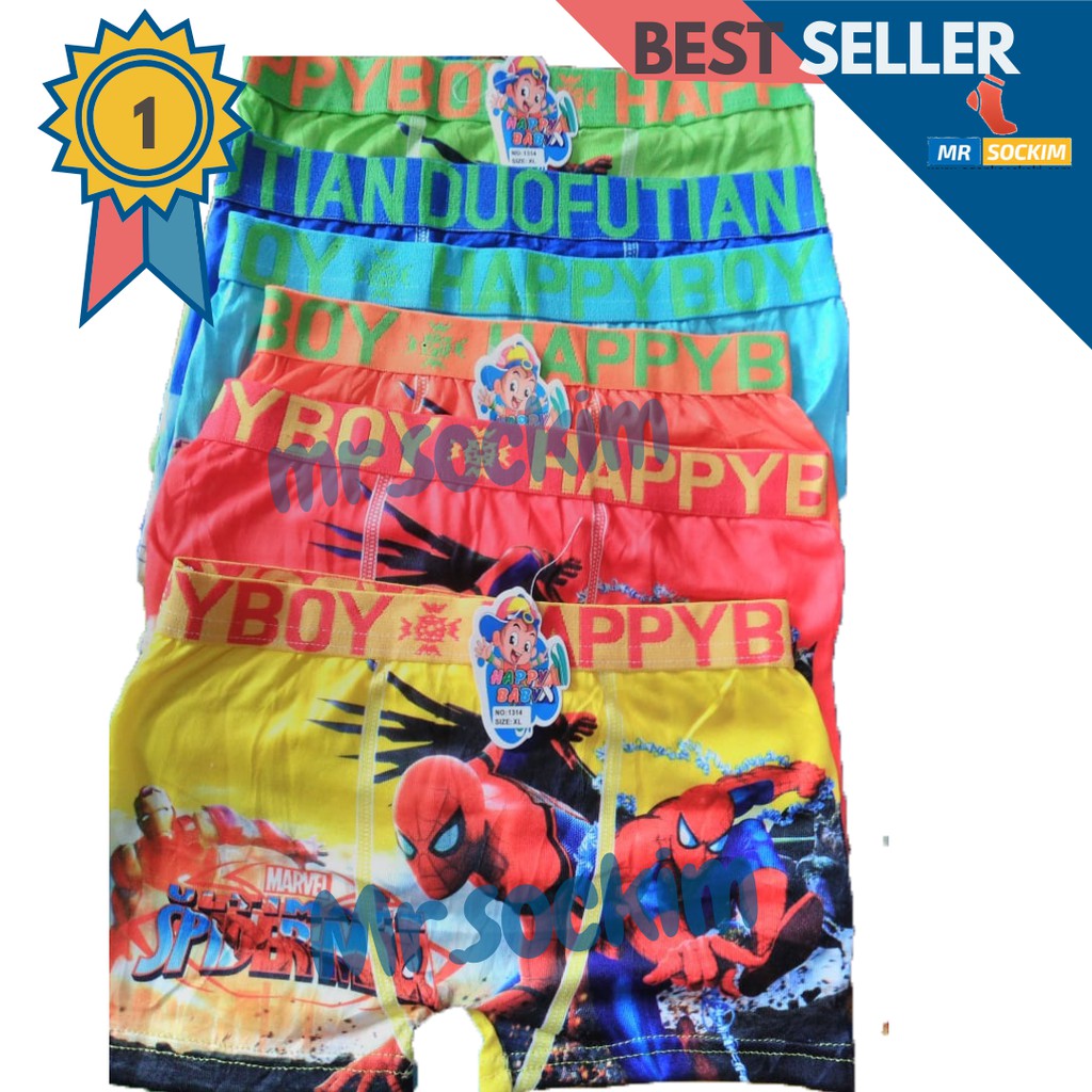 celana boxer anak laki laki katun stretch 2 tahun 8 tahun Motif Karakter happy boy (6 Pcs)