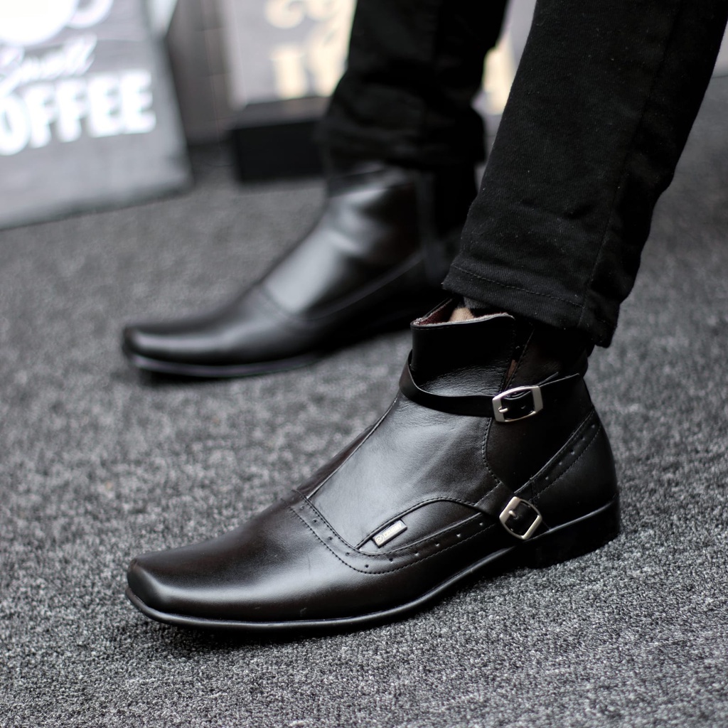 Sepatu Boots Pantofel Kulit Asli Formal Resleting Kerja Hitam Pria Abrhm Pacuan