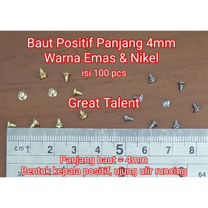 

100 pcs Baut 4x2 Emas Gold atau Nikel Silver - Baut Positif Panjang 4mm - Mur 4x2 - Great Talent