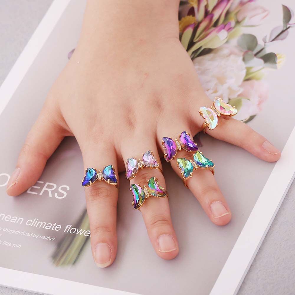 Needway  Temperament Butterfly Open Ring Girls Fashion Jewelry Finger Rings Women Gradient Color Korean Personality Adjustable Crystal/Multicolor