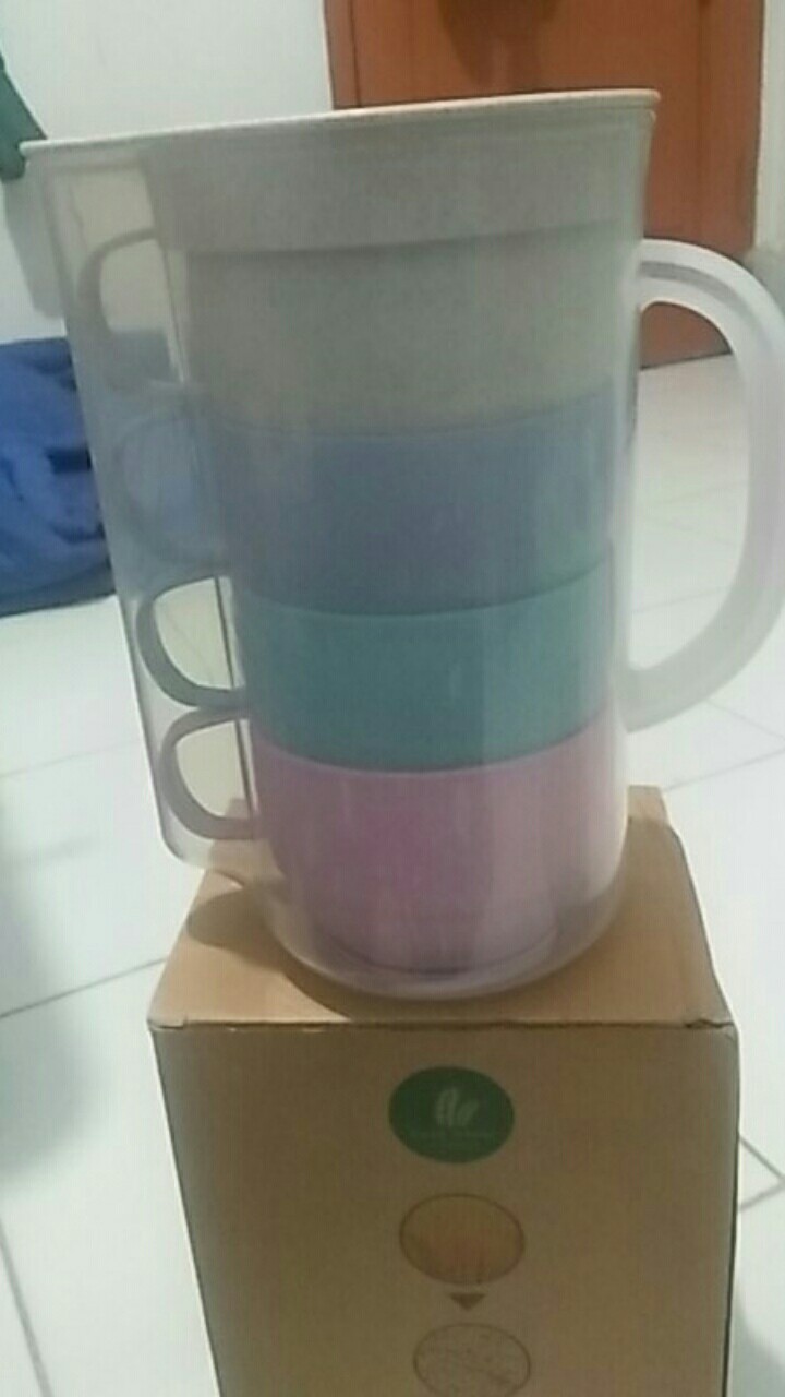 S112 Teko Jus Air Teh Kopi Wadah Plastik Bahan Jerami Dengan 4 Cangkir Bpa Free
