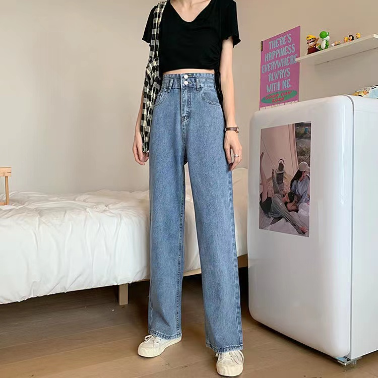 Fashion wanita Korea celana denim high waist jeans celana panjang straight pants loose celana jeans wanita