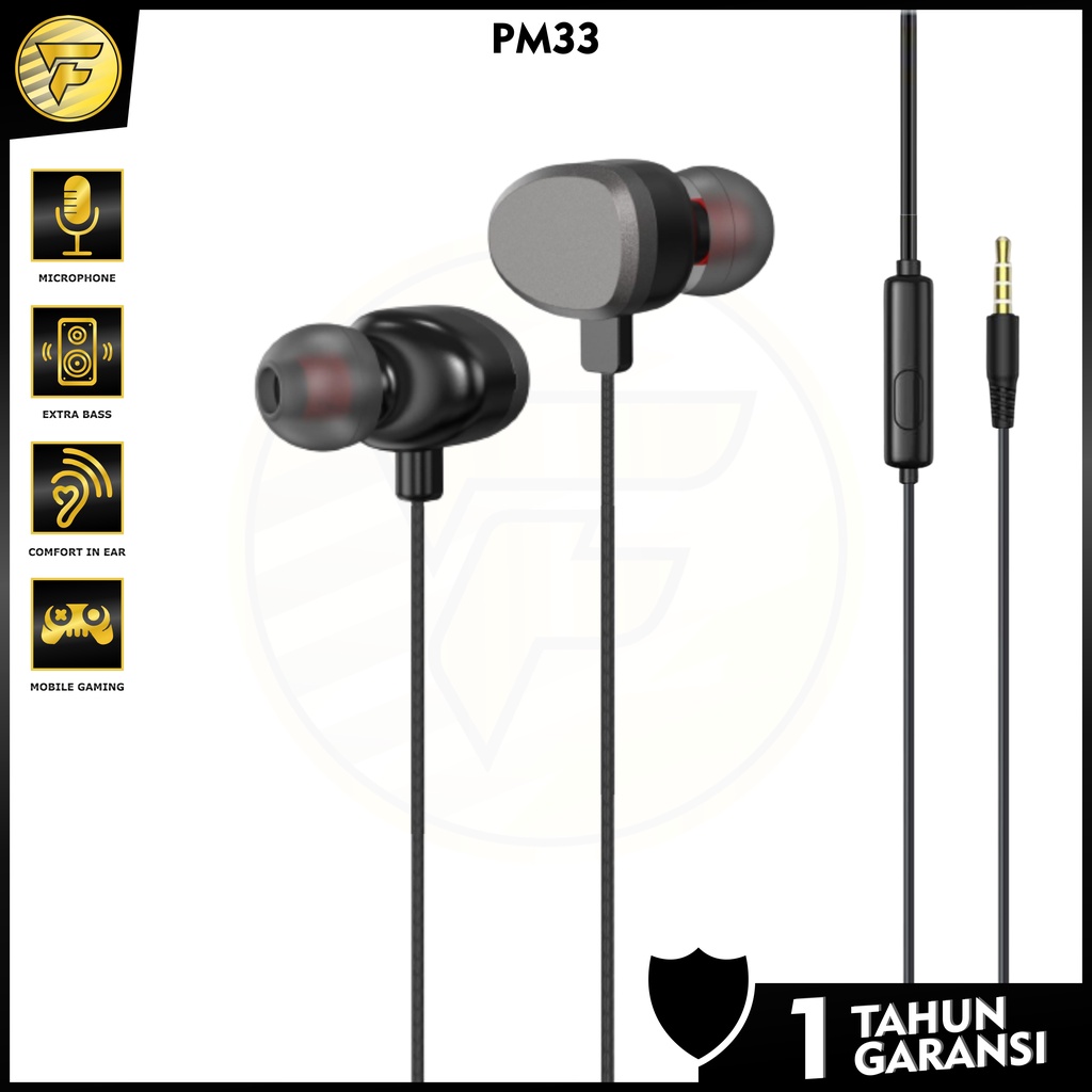 Earphone P33 stereo bass music telpon headset mic