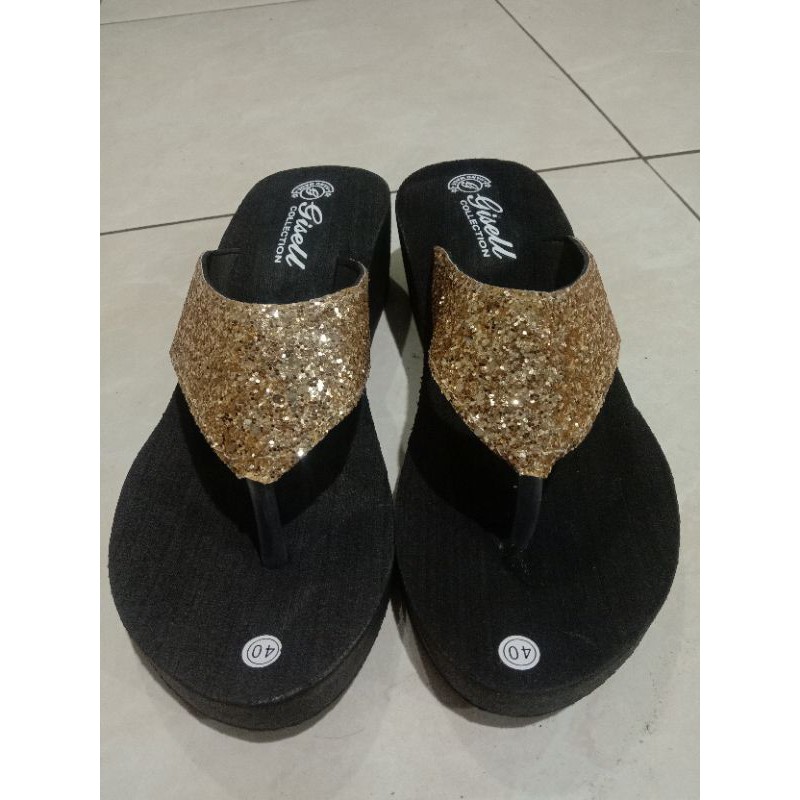 sandal wanita pasir metalik, wedges sandal