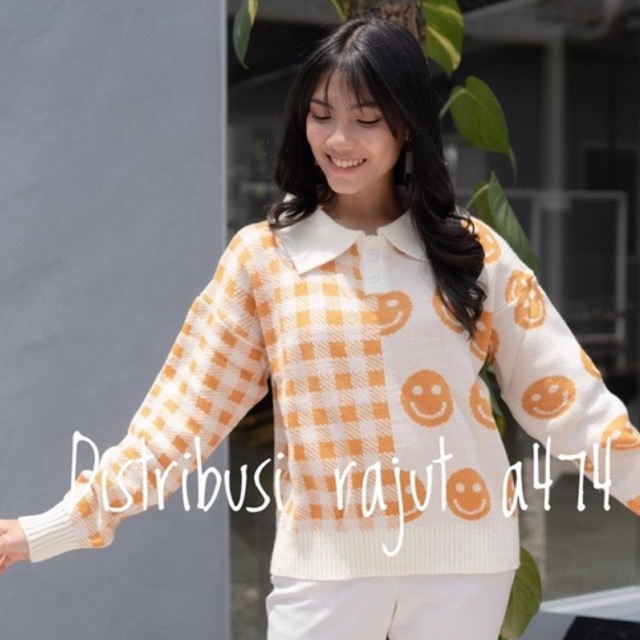 Sweater Rajut Premium Oversize Kerah Motif Smile Tartan Blous Rajut Tebal vintage