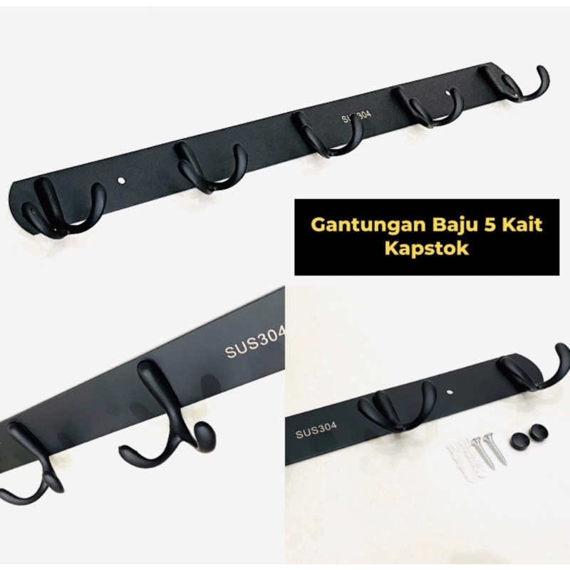 228 Kapstok Gantungan Baju 5 Kait 2 Hook Handuk Dapur Kunci Hitam Black - Robe Hook Dinding Tembok