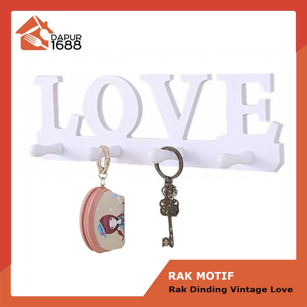 Rak Dinding Vintage Motif LOVE Dengan 4 Buah Hook