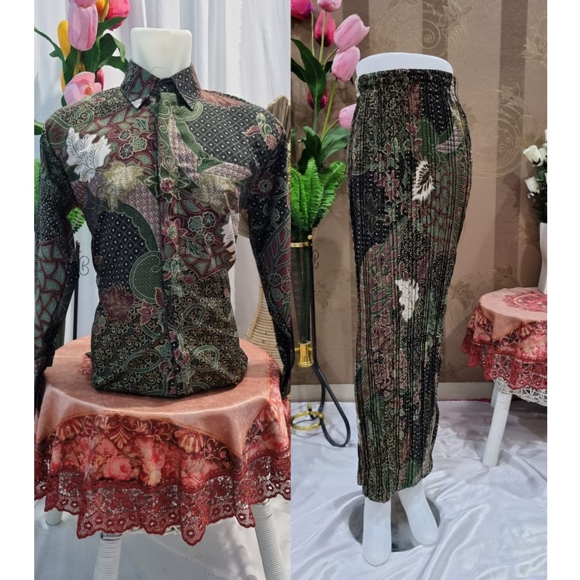 HN MODE - Couple kemeja batik panjang mix rok plisket motif floral terbaru