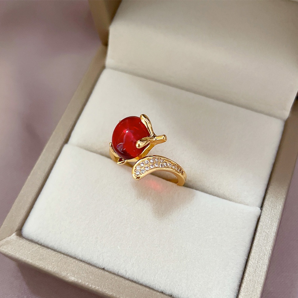 Set Cincin Model Terbuka Desain Geometri Aksen Berlian Ruby Fox Bead Warna Merah Untuk Wanita