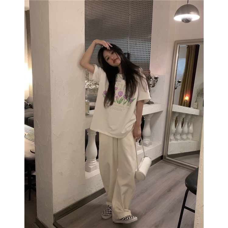 EUNII T-shirt Lengan Pendek Manis Bunga Tulp Pencetakan Longgar Korean Style/Kaos Atasan Wanita/Baju Kaus Oversize Wanita