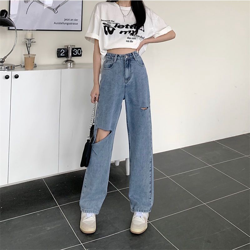 jeans high waist robek celana kekinian\ longgar denim Import \ high waist  jeans wanita sobek