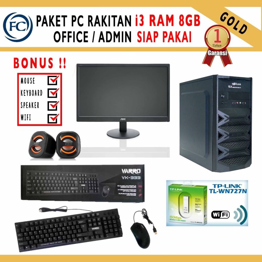 PC Office i3 RAM 8GB (Gold) Siap pakai include monitor dan aksesoris