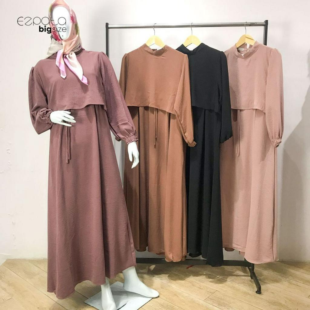 Gamis Crinkle Polos Wanita Remaja Basic Pinggang Tali Serut Lengan Panjang Karet LD 110cm Terbaru Termurah