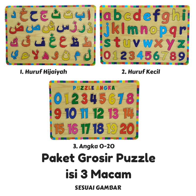 Rapid Toys Isi 3 / Paket Puzzle Kayu Edukasi Edisi Baru / Huruf Hijaiyah Huruf Kecil Dan Angka