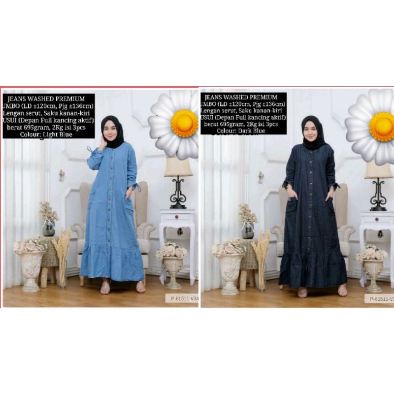 GAMIS JUMBO JEANS BLUE LIGHT/DARK/HITAM/GAMIS MODEL REMPEL BAWAH CANTIK