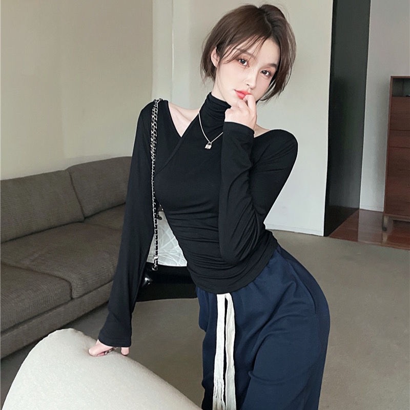 #Sisjuly# T-shirt ketat turtleneck kemeja bottoming hangat palsu dua