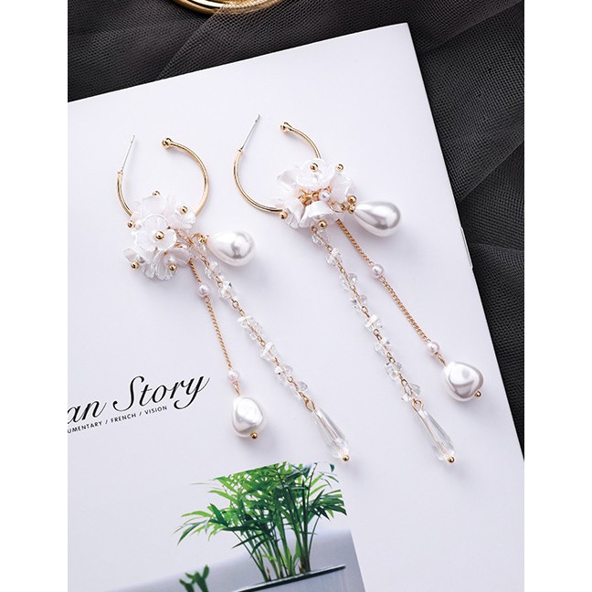 LRC Anting Tusuk Fashion Gold Pearl Crystal Flower Tassel F54845