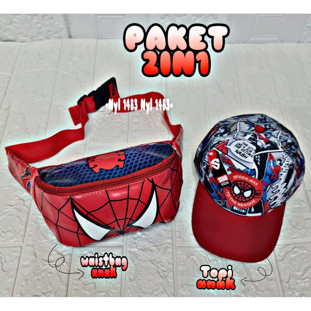 WAISTBAG ANAK LAKI LAKI, PEKET 2 IN 1 WESTBAG ANAK + TOPI ANAK LAKI LAKI SUPERHERO KARAKTER KARTUN