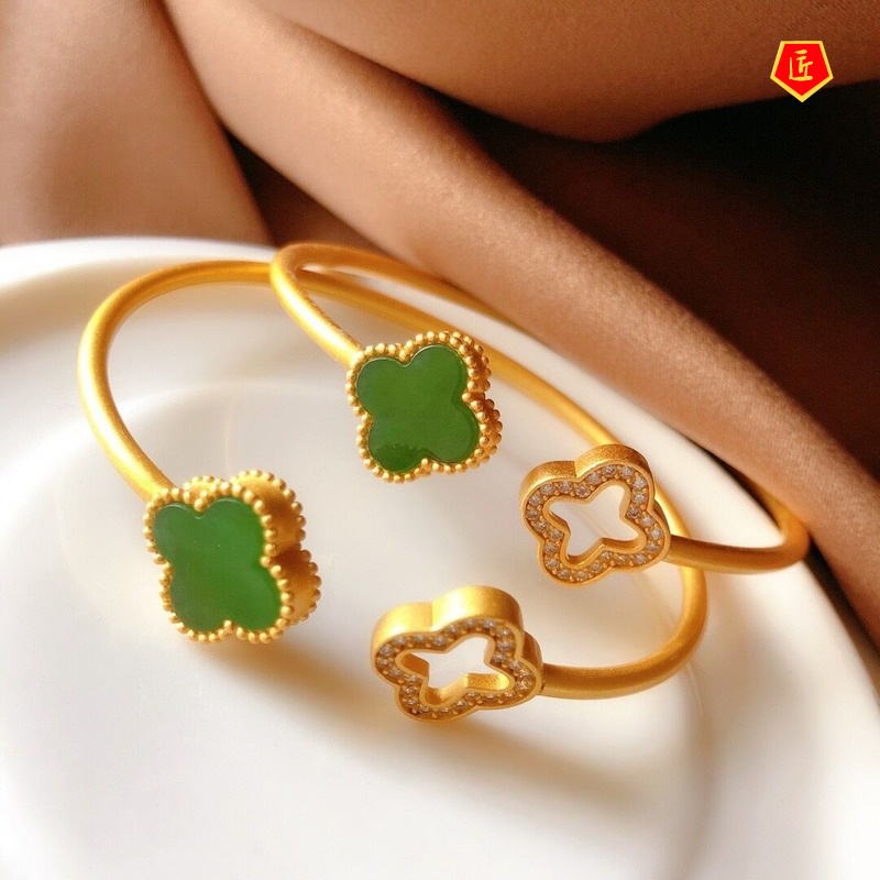 [Ready Stock]925 Silver Elegant Noble Gold Clover White Jade Bracelet