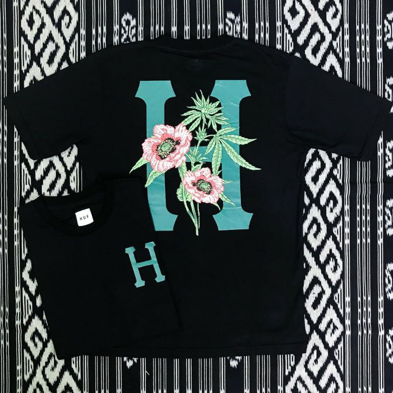 BAJU KAOS DISTRO HUF FLOWER HITAM BAJU KAOS DISTRO PREMIUM KAOS ORIGINAL