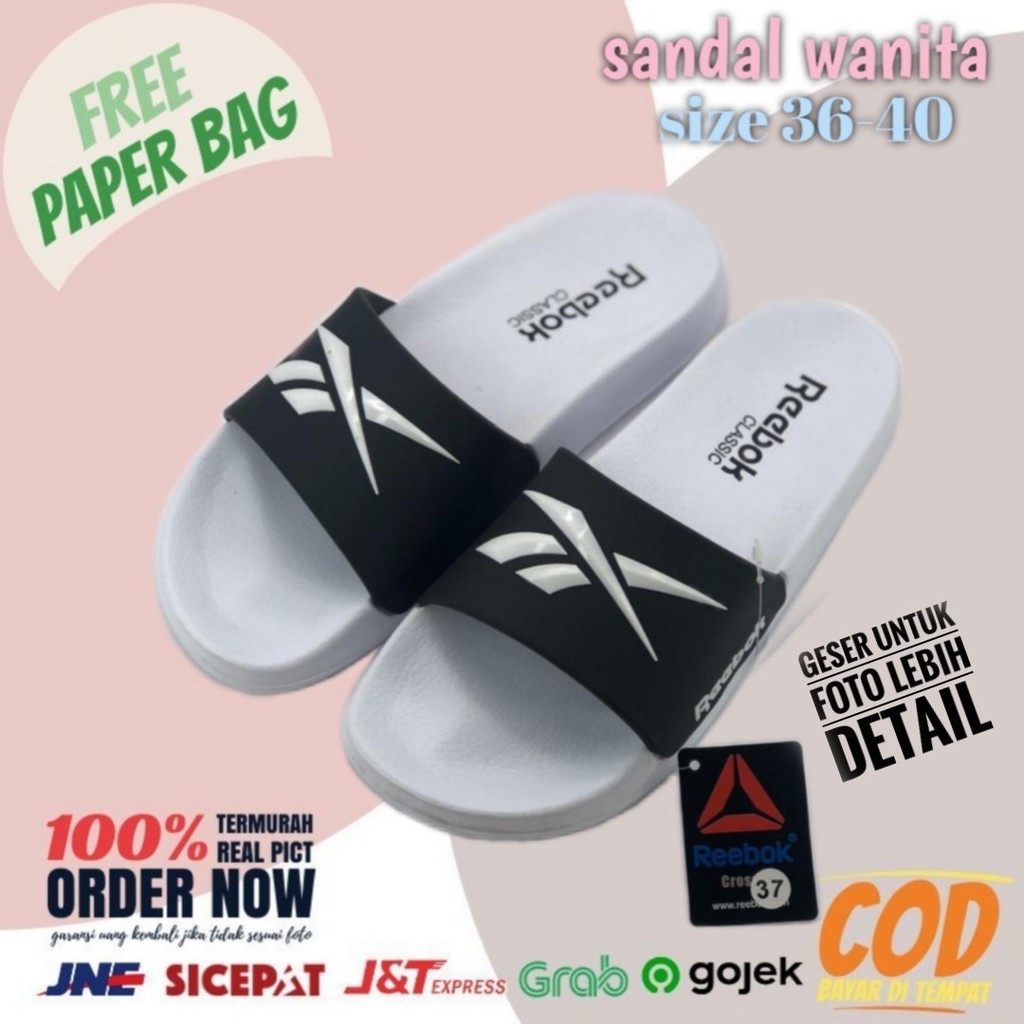 SENDAL SLOP SANDAL REEBOK SPORT SELOP FLIP FLOP HITAM PUTIH WANITA IMPORT GRADE ORIGINAL MURAH