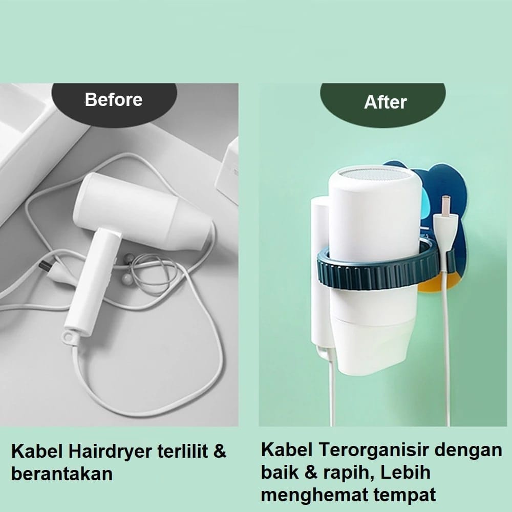 Hair dryer holder gantungan pemegang pengering rambut tempel tanpa paku bor rak kabel praktis cantel