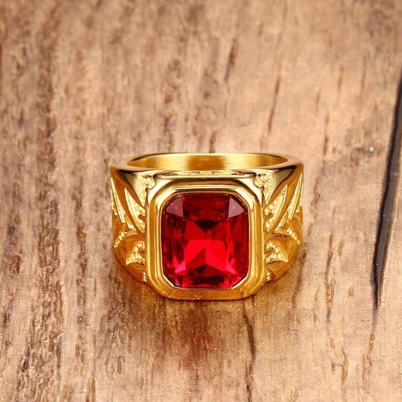 Cincin Stainless Steel Aksen Kristal Zirconia Warna Gold untuk Pria