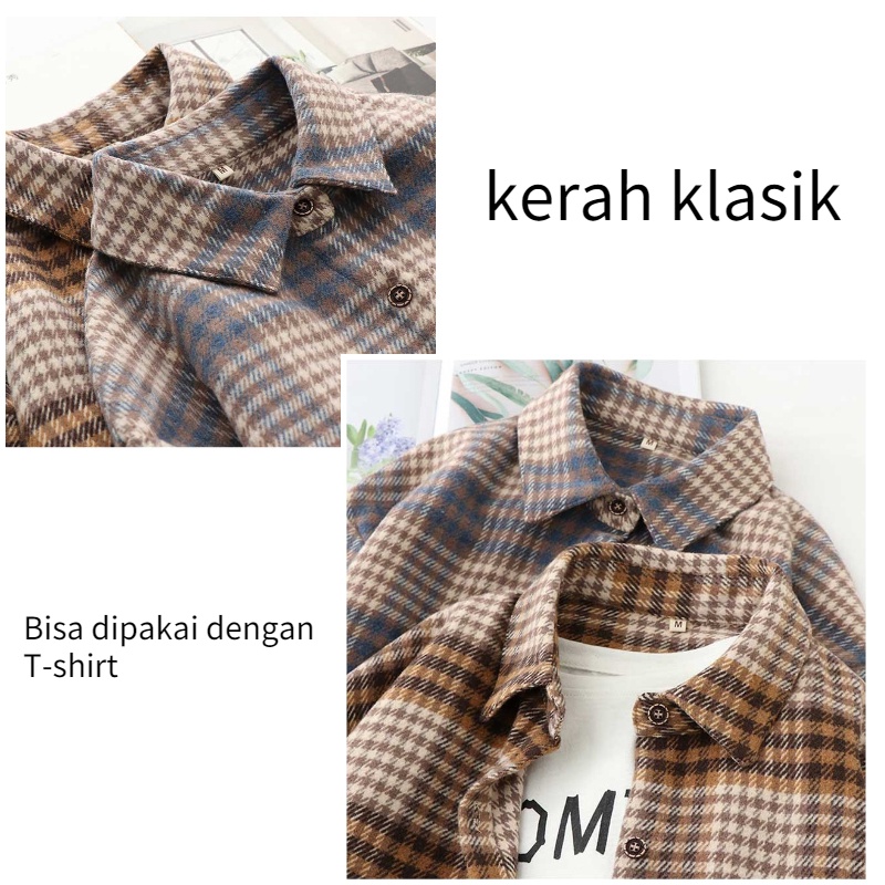 Cuci Gudang - Kemeja Oversize Flanel Wanita Kotak Kotak Korean Blouse Korea Lengan Panjang Kemeja Wanita Casual