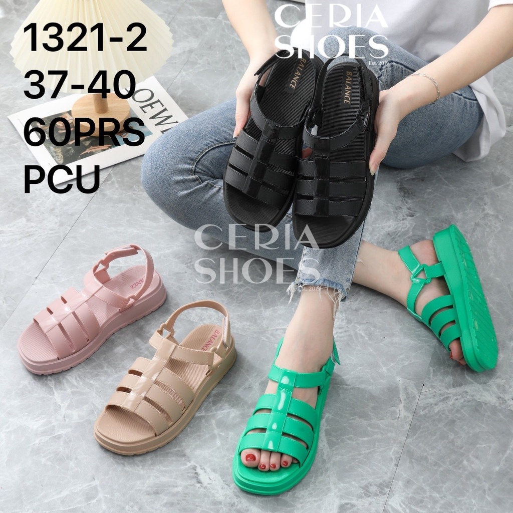 PVC Sandal Jelly Wanita Slop Backstrap Velcro Motif Gladiator Tali Belakang Bahan Karet Tebal 3 Cm Rubber Non-Slip Empuk Elastis BALANCE