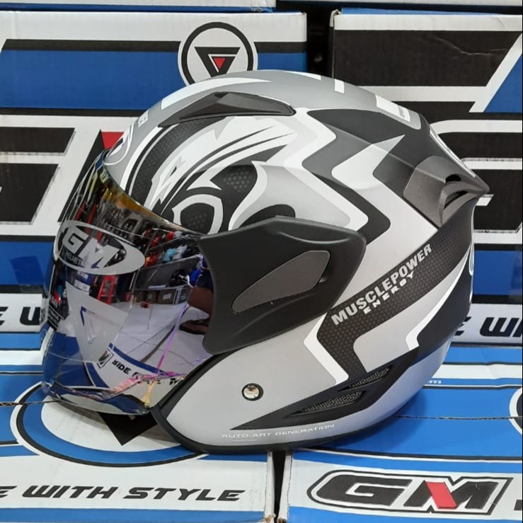 HELM GM FIGHTER MUSCLE POWER BLACK SILVER DOFF HALF FACE