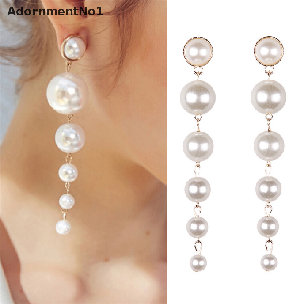 (AdornmentNo1) Anting Gantung Panjang Tusuk Motif Geometri Aksen Mutiara + Rumbai Untuk Perhiasan Wanita