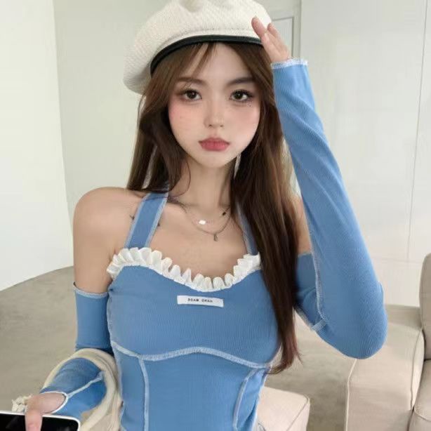 [✅BISA COD] #Sisjuly# Indah Sayang Jahitan Renda Manis dan Keren Menggantung Leher Satu Bahu Lengan Panjang T-shirt