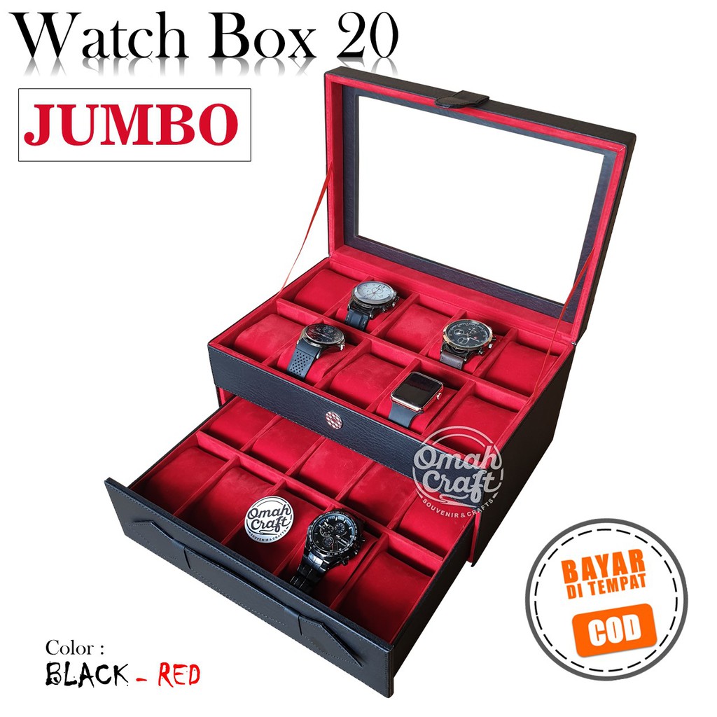 Kotak Jam Tangan SPORT isi 20 / Box Jam Tangan JUMBO dan Tempat Arloji Warna HITAM MERAH